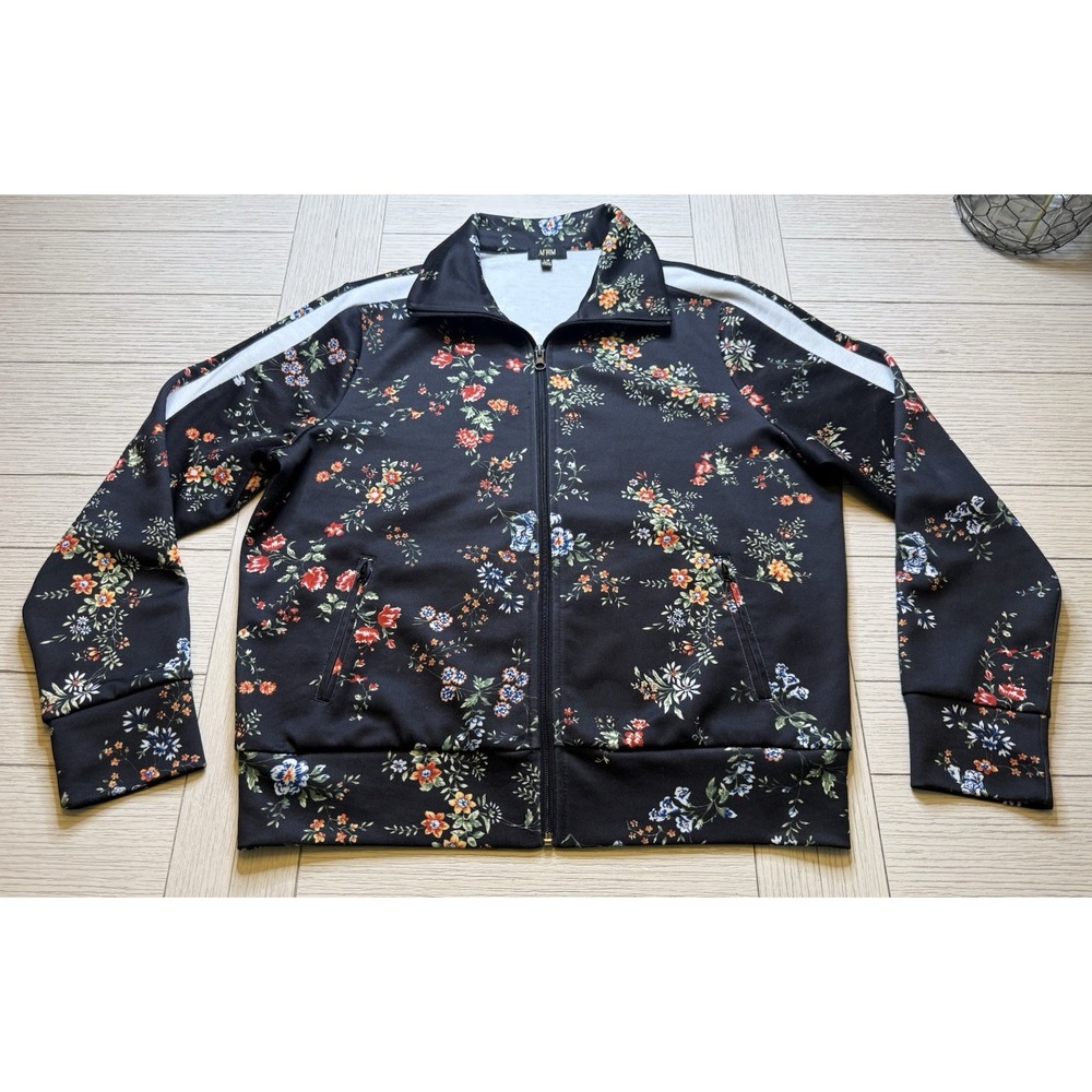 AFRM Floral Track Jacket with Racing Stripe Black Floral "Arrive" Print Zipper L